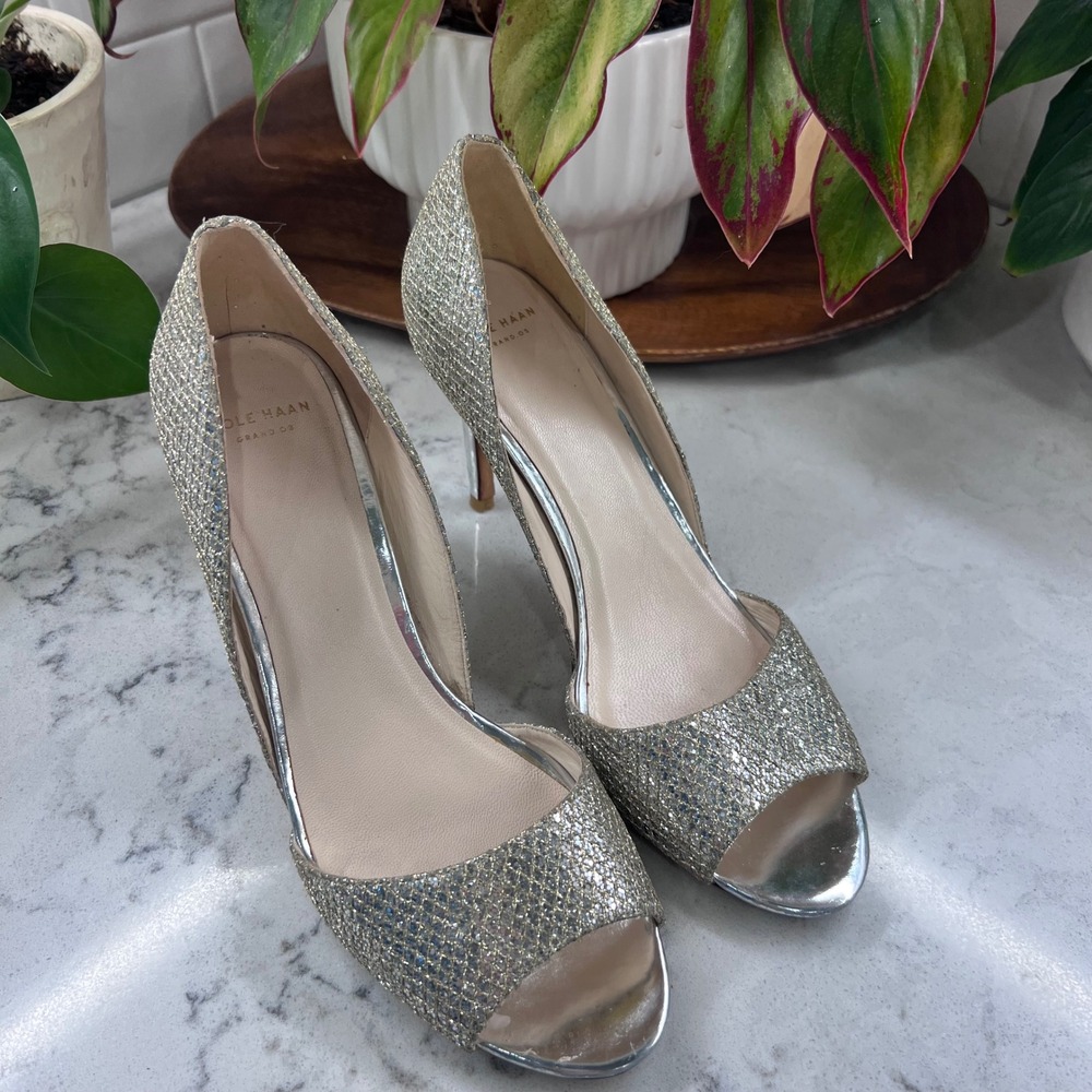 Cole Haan Grand.OS Silver Glitter Peep Toe dOrsay Stiletto Pumps Womens 8B